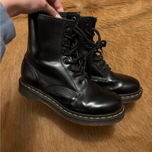 Dr. Martens Black Leather Boots with Yellow Stitching